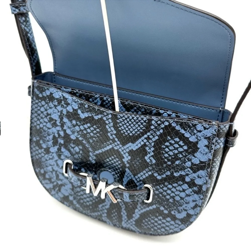 Michael Kors Small Reed Leather Saddle Crossbody Bag Snakeskin Denim - Picture 8 of 11